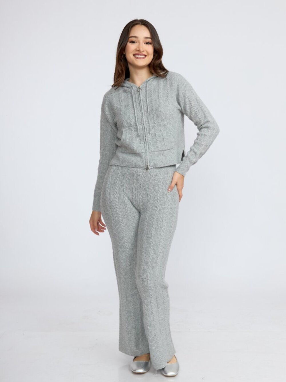 Women's Cable Knit Two-Piece Lounge Set, Zip-Up Hoodie & Wide Leg Pants